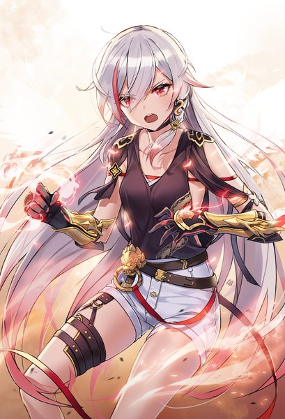 Anime picture 1159x1700 with honkai impact 3rd honkai (series) fu hua fu hua (phoenix) aliceblue single tall image looking at viewer blush fringe open mouth simple background hair between eyes red eyes standing silver hair red hair head tilt multicolored hair wind