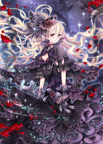 Anime picture 714x1000 with original kai (linking) single long hair tall image looking at viewer blush fringe blonde hair red eyes holding cleavage hair flower wind sparkle wavy hair lolita fashion sad gothic girl