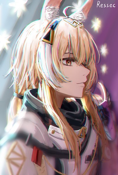 Anime-Bild 2749x4081 mit arknights nearl (arknights) nearl the radiant knight (arknights) nearl the radiant knight (relight) (arknights) ressec single long hair tall image highres blonde hair signed animal ears yellow eyes looking away upper body ahoge low ponytail horse ears girl