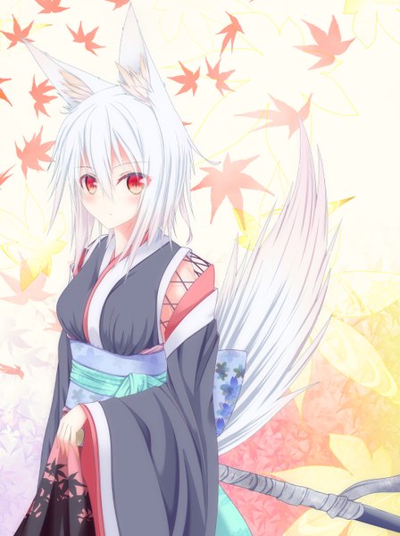 Anime picture 1077x1442 with touhou inubashiri momiji nagishiro mito single tall image looking at viewer blush highres short hair red eyes animal ears white hair tail traditional clothes japanese clothes animal tail alternate costume wolf ears wolf tail girl