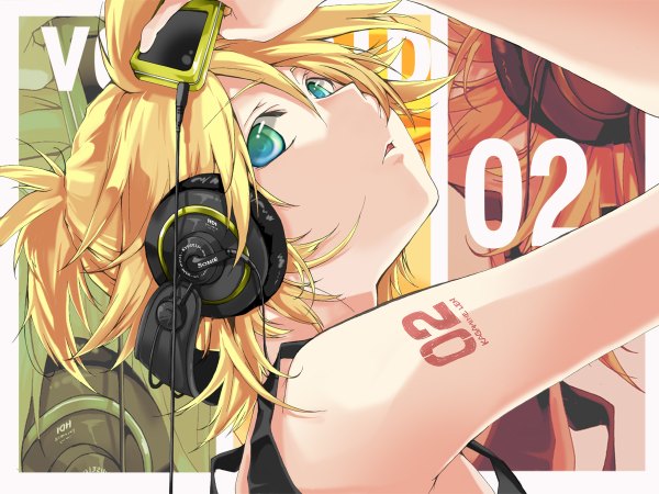 Anime picture 1200x900 with vocaloid ipod kagamine len hekicha blonde hair aqua eyes tattoo boy headphones