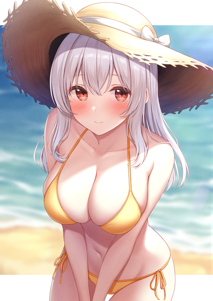 Anime picture 2508x3541 with original tisshu (karutamo) karutamo single long hair tall image looking at viewer blush fringe highres breasts light erotic hair between eyes red eyes large breasts standing cleavage outdoors white hair light smile