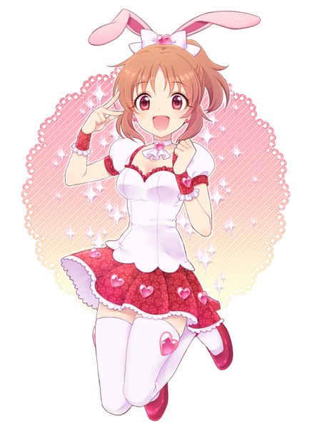 Anime picture 600x810 with idolmaster idolmaster cinderella girls abe nana mochiya marosuke single tall image looking at viewer fringe short hair open mouth red eyes brown hair animal ears ponytail :d sparkle bunny ears zettai ryouiki puffy sleeves victory
