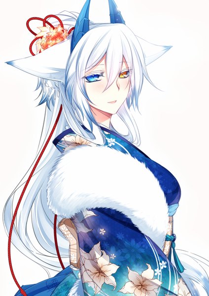 Anime picture 600x848 with original konshin single long hair tall image looking at viewer simple background white background animal ears white hair traditional clothes japanese clothes horn (horns) heterochromia girl hair ornament kimono fur-trimmed kimono
