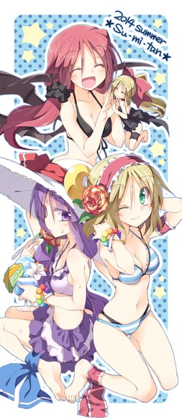 Anime picture 698x1600 with touhou patchouli knowledge alice margatroid koakuma shanghai satou kibi long hair tall image looking at viewer blush open mouth light erotic sitting purple eyes multiple girls green eyes cleavage purple hair ponytail red hair