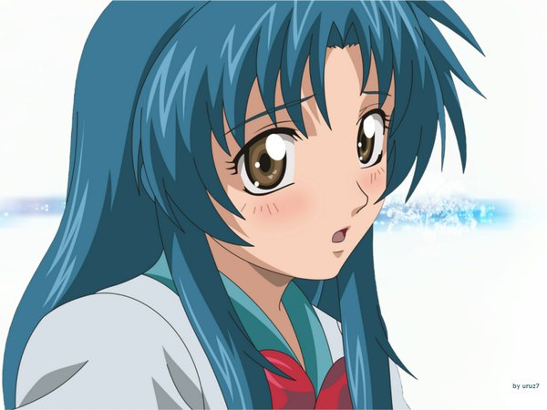 Anime picture 1600x1200 with full metal panic! gonzo chidori kaname single long hair looking at viewer blush fringe open mouth brown eyes blue hair inscription close-up vector girl