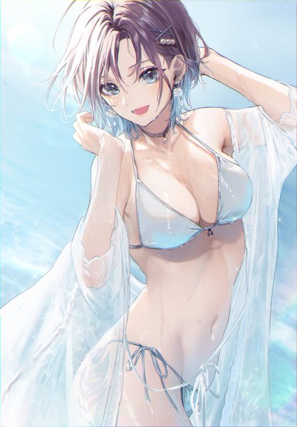 Anime picture 1424x2048 with idolmaster idolmaster shiny colors asakura tooru magako single tall image looking at viewer short hair breasts open mouth blue eyes light erotic black hair large breasts outdoors :d turning head groin girl navel