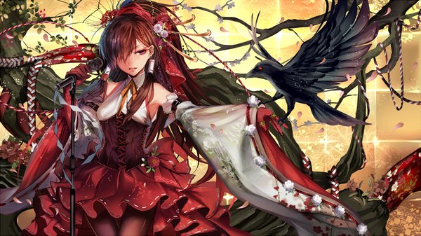 Anime picture 1000x562 with touhou hakurei reimu karlwolf single long hair looking at viewer fringe red eyes brown hair wide image ponytail wind hair over one eye girl dress gloves hair ornament flower (flowers) plant (plants) detached sleeves