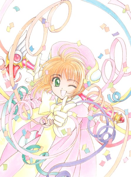 Anime picture 1716x2309 with card captor sakura clamp kinomoto sakura single tall image highres short hair open mouth simple background smile white background holding green eyes ahoge one eye closed wink orange hair official art ;d magical girl