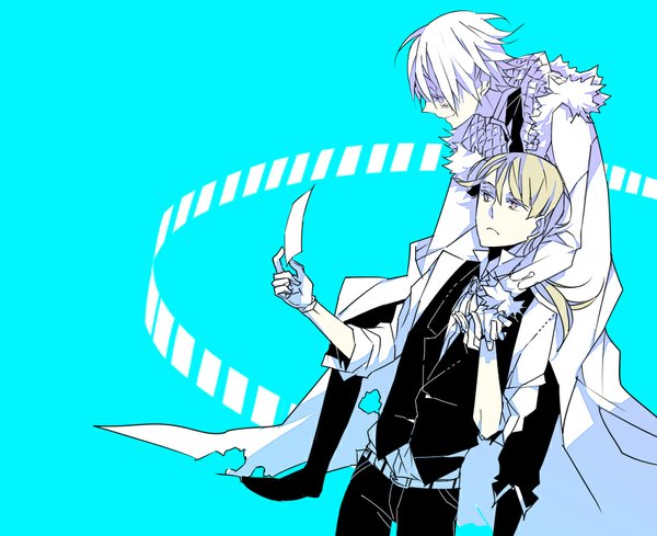 Anime picture 1000x815 with d.gray-man allen walker howard link zoo-ette (artist) blonde hair red eyes standing sitting holding white hair ponytail profile light smile multiple boys torn clothes holding hands monochrome scar blue background boy