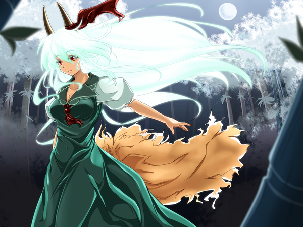 Anime picture 2280x1710 with touhou kamishirasawa keine ex-keine kamo (yokaze) single long hair highres red eyes white hair tail horn (horns) night girl dress tree (trees) moon full moon forest