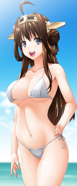 Anime picture 1024x2444 with kantai collection kongou battleship byeontae jagga single long hair tall image looking at viewer breasts open mouth light erotic brown hair bare shoulders sky ahoge bare belly grey eyes hair bun (hair buns) hand on hip horizon girl