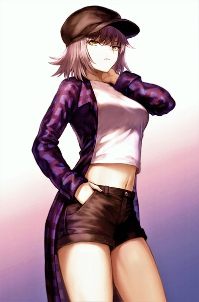 Anime picture 4045x6119 with fate (series) fate/grand order jeanne d'arc (fate) (all) jeanne d'arc alter (fate) mashuu (neko no oyashiro) single tall image looking at viewer fringe highres short hair breasts simple background hair between eyes standing yellow eyes absurdres silver hair scan open clothes
