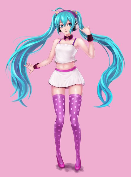 Anime picture 1399x1885 with vocaloid redial (vocaloid) hatsune miku mappung-gun (mhg0106) single tall image blush blue eyes simple background twintails blue hair looking away very long hair light smile bare belly pink background polka dot girl thighhighs skirt