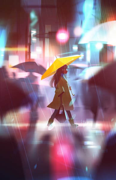 イラスト 2500x3864 と オリジナル jenny yu 長髪 長身像 highres 茶色の髪 holding outdoors プロフィール blurry night rain walking city lights silhouette 女の子 傘 人々 rubber boots raincoat