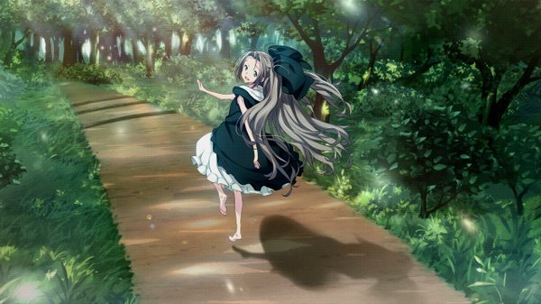 Anime picture 1280x720 with robotics;notes production i.g airi (robotics;notes) fukuda tomonori single long hair open mouth blue eyes smile wide image looking back barefoot grey hair sunlight shadow running girl dress bow plant (plants)