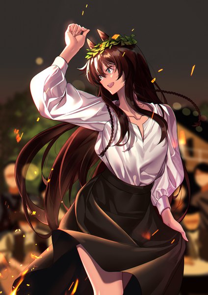 Anime picture 2480x3507 with arknights meteor (arknights) shijie jianfa long hair tall image blush fringe highres open mouth smile hair between eyes brown hair looking away outdoors long sleeves :d arm up horn (horns) aqua eyes blurry