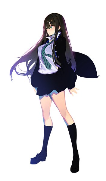 Anime picture 472x803 with idolmaster idolmaster cinderella girls shibuya rin olys single long hair tall image fringe black hair simple background hair between eyes standing white background looking away full body aqua eyes wind girl uniform school uniform