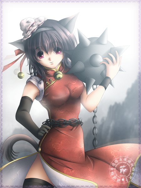 Anime picture 1200x1600 with gisarme single tall image short hair black hair smile animal ears pink eyes cat ears cat tail chinese clothes bell collar girl gloves weapon elbow gloves chain bell chinese dress