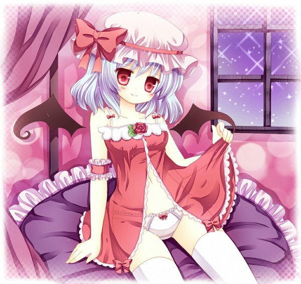 Anime picture 1024x966 with touhou remilia scarlet blush short hair light erotic smile red eyes blue hair cleavage bat wings girl thighhighs underwear panties bow white thighhighs wings white panties bonnet