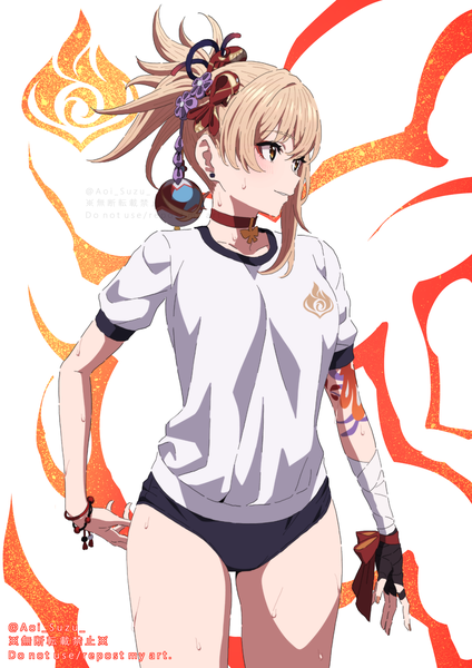 Anime picture 1405x1988 with genshin impact yoimiya (genshin impact) aoi suzu single tall image fringe short hair breasts light erotic simple background blonde hair hair between eyes signed yellow eyes looking away ponytail parted lips short sleeves tattoo sweat