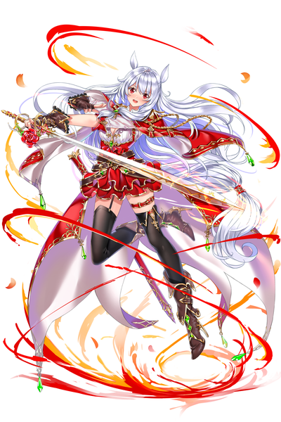 Anime picture 1260x1890 with houchi shoujo gongsun zan (houchi shoujo) swordsouls single tall image looking at viewer blush fringe open mouth simple background hair between eyes red eyes white background silver hair bent knee (knees) very long hair high heels zettai ryouiki low ponytail jumping