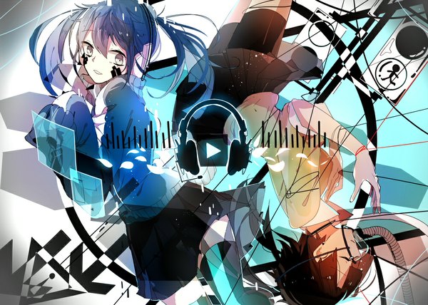 Anime picture 1000x714 with kagerou project shaft (studio) ene (kagerou project) rmm (artist) long hair short hair smile brown hair twintails blue hair eyes closed white eyes abstract girl thighhighs skirt headphones