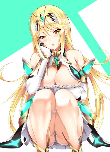 Anime picture 872x1200 with xenoblade xenoblade 2 mythra (xenoblade) daive single long hair tall image looking at viewer blush fringe breasts open mouth light erotic blonde hair simple background hair between eyes large breasts bare shoulders yellow eyes payot