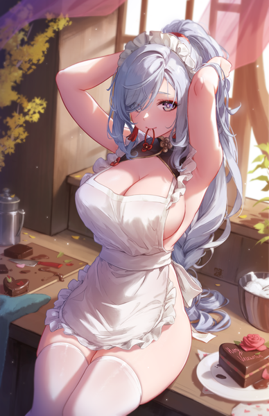 Anime picture 3850x5950 with genshin impact shenhe (genshin impact) mitsu (mitsu art) single long hair tall image looking at viewer blush fringe highres breasts blue eyes light erotic large breasts sitting holding absurdres cleavage silver hair indoors