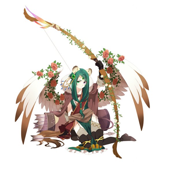 Anime picture 1000x1000 with original pixiv fantasia ni02 (asahi nini) single long hair looking at viewer simple background white background animal ears green hair heterochromia girl dress gloves hair ornament flower (flowers) weapon wings rose (roses) thigh boots