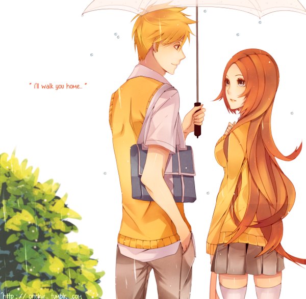 Anime picture 2480x2433 with bleach studio pierrot kurosaki ichigo inoue orihime persona92 (orichie) long hair highres short hair blue eyes simple background white background signed profile orange hair inscription couple rain hand in pocket transparent umbrella shared umbrella