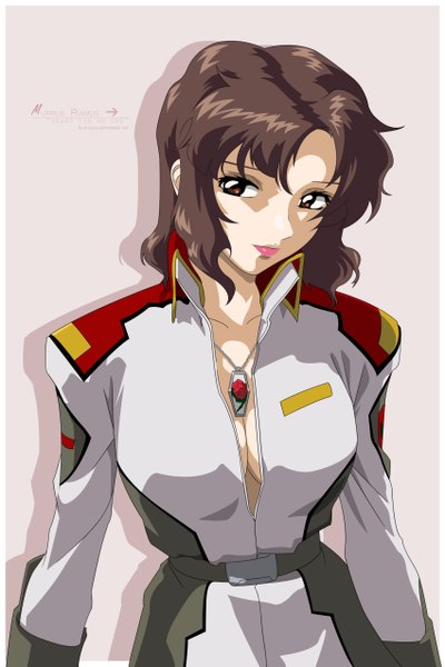 Anime picture 1700x2546 with mobile suit gundam gundam seed sunrise (studio) murrue ramius tall image highres short hair breasts simple background brown hair large breasts brown eyes lips no bra border girl uniform pendant military uniform