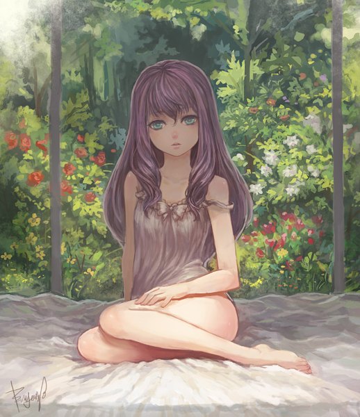 Anime picture 1200x1389 with original bryanth single long hair tall image fringe open mouth sitting signed purple hair barefoot aqua eyes bare legs legs girl flower (flowers) bow plant (plants) tree (trees)