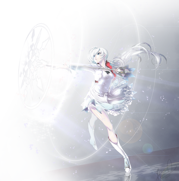 Anime picture 918x928 with rwby rooster teeth weiss schnee momoa single long hair tall image fringe breasts blue eyes standing holding signed looking away white hair grey background gradient background magic standing on one leg reflection