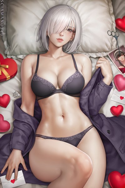 Anime picture 2000x3000 with spy x family yor briar fiona frost sciamano240 single tall image looking at viewer fringe highres short hair breasts blue eyes light erotic large breasts signed cleavage bent knee (knees) white hair indoors lying