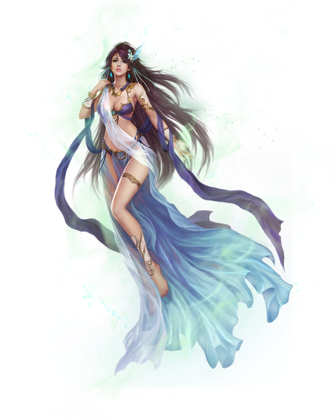 Anime picture 2000x2500 with league of angels nocturna (league of angels) single long hair tall image looking at viewer highres breasts light erotic black hair large breasts bare shoulders cleavage purple hair full body bent knee (knees) parted lips multicolored hair barefoot aqua eyes