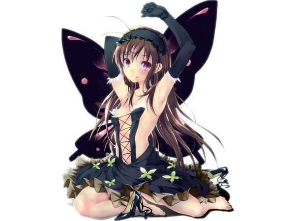 Anime picture 1600x1200 with accel world sunrise (studio) kuroyukihime single fringe breasts light erotic brown hair purple eyes bare shoulders barefoot light smile girl dress gloves wings elbow gloves shoes hairband insect