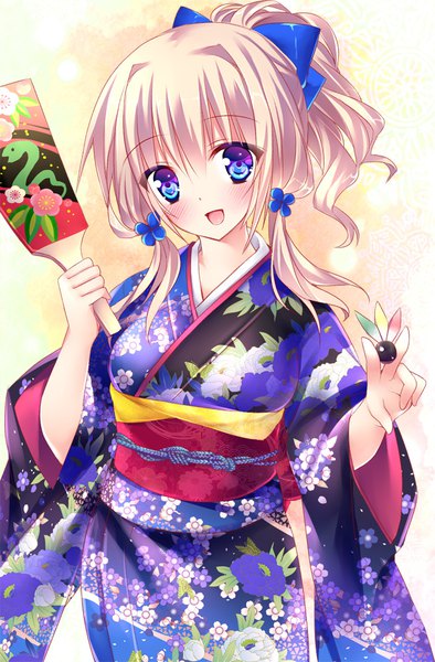 Anime picture 655x997 with original sorai shin'ya single tall image looking at viewer blush short hair open mouth blue eyes blonde hair smile holding ponytail traditional clothes :d japanese clothes wide sleeves floral print new year girl