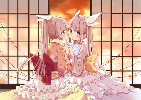 Anime picture 3300x2343 with original eshi 100-nin ten aoki ume long hair blush highres twintails purple eyes multiple girls absurdres very long hair grey hair scan official art holding hands shoujo ai eye contact girl dress bow