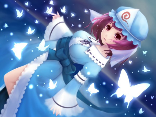 Anime picture 1280x960 with touhou saigyouji yuyuko yori (shitsuon) single short hair pink hair pink eyes wind dutch angle butterfly on hand girl dress insect butterfly bonnet