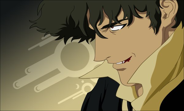 Anime picture 1200x723 with cowboy bebop sunrise (studio) spike spiegel morrow single short hair black hair wide image profile close-up vector angry blood on face evil grin boy blood