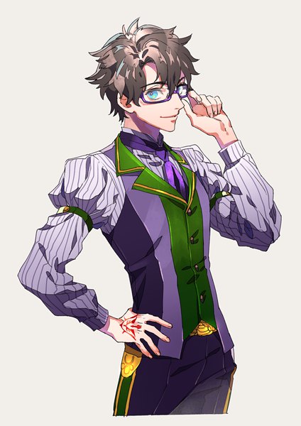 Anime picture 992x1403 with fate (series) fate/grand order fujimaru ritsuka (male) tenobe single tall image looking at viewer fringe short hair blue eyes simple background hair between eyes brown hair standing upper body grey background hand on hip adjusting glasses bespectacled boy