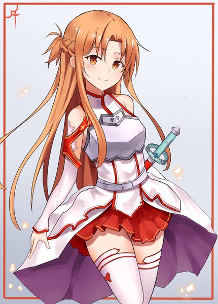 Anime picture 1900x2650 with sword art online a-1 pictures yuuki asuna april cho single long hair tall image looking at viewer blush fringe highres simple background smile hair between eyes brown hair bare shoulders brown eyes payot ponytail braid (braids)
