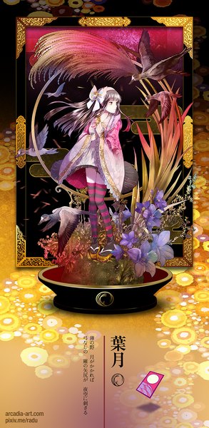 Anime picture 551x1128 with original yuu (arcadia) single long hair tall image black hair looking away black eyes inscription hieroglyph girl thighhighs dress hair ornament flower (flowers) animal hairband bird (birds) striped thighhighs