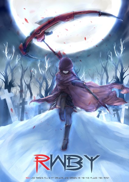 Anime picture 2480x3507 with rwby rooster teeth ruby rose a430dp single tall image highres short hair brown hair sitting girl thighhighs black thighhighs plant (plants) tree (trees) boots moon cloak cross scythe