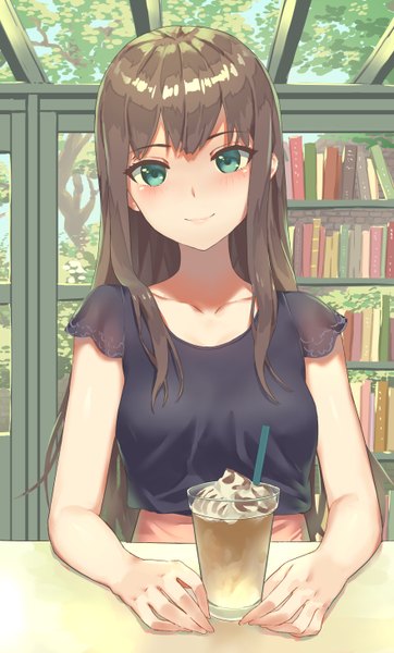 Anime picture 882x1461 with idolmaster idolmaster cinderella girls shibuya rin shoukichi (shony) single long hair tall image looking at viewer blush smile brown hair sitting green eyes upper body indoors girl plant (plants) tree (trees) book (books) drink
