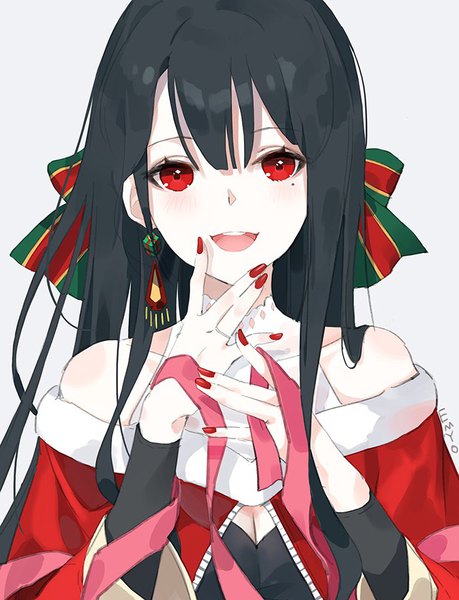 Anime picture 700x915 with original emyo single long hair tall image fringe open mouth black hair simple background smile hair between eyes red eyes signed cleavage nail polish grey background mole teeth fur trim mole under eye