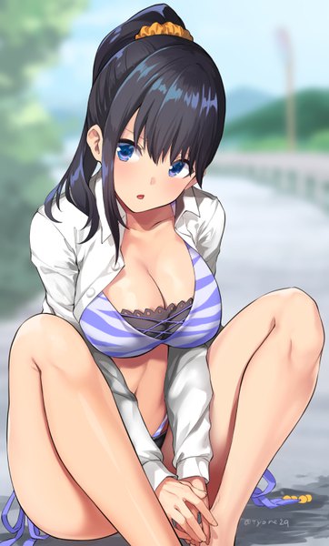 Anime picture 483x800 with gridman universe ssss.gridman studio trigger takarada rikka tyone single long hair tall image looking at viewer blush fringe breasts open mouth blue eyes light erotic hair between eyes large breasts sitting signed payot