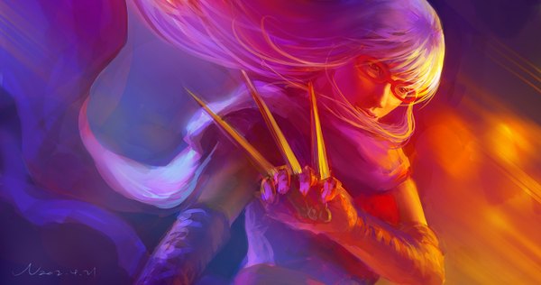 Аниме картинка 1500x790 с гинтама sunrise (studio) sarutobi ayame hangleing один (одна) длинные волосы красные глаза широкое изображение подписанный фиолетовые волосы реалистичный девушка перчатки оружие очки шарф кунай