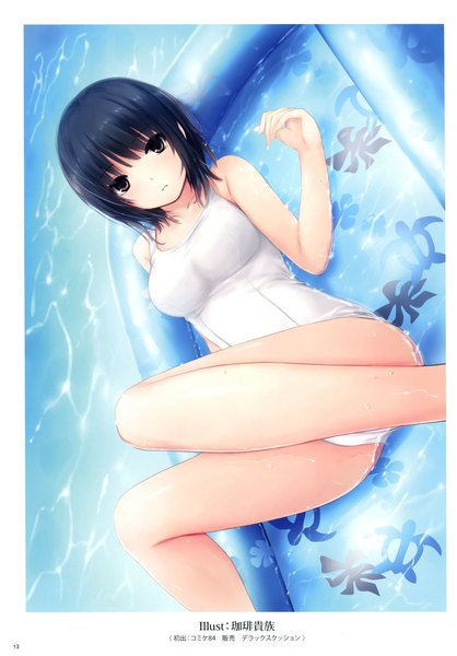 Anime picture 2437x3500 with k-books (artbook) coffee-kizoku single tall image looking at viewer blush fringe highres short hair breasts light erotic large breasts brown eyes blue hair bent knee (knees) lying parted lips scan inscription bare legs